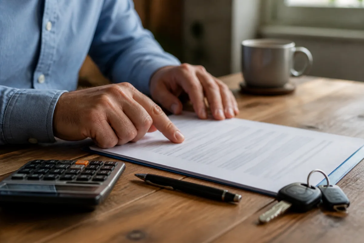 Personne examinant un contrat d&rsquo;assurance automobile étalé sur une table avec une calculatrice et les clés du véhicule