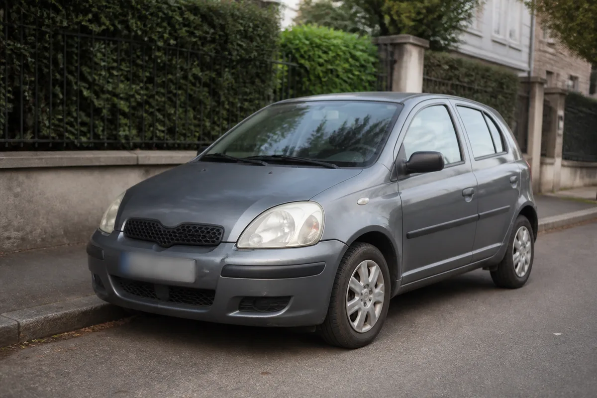Voiture citadine d&rsquo;occasion garée dans une rue résidentielle, vue de trois quarts avant