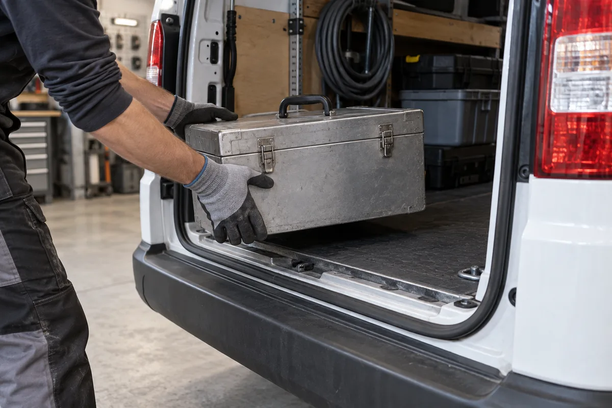 Mains gantées posant une caisse à outils dans le coffre d&rsquo;un utilitaire