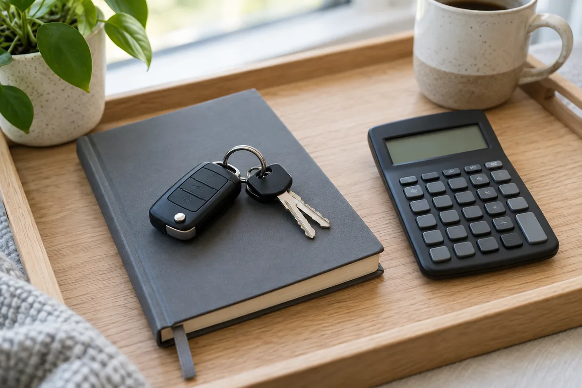 Trousseau de clés de véhicule posé sur un carnet fermé à côté d&rsquo;une calculatrice