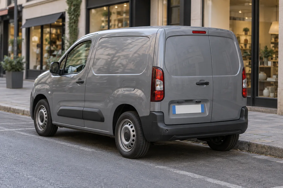 Petit utilitaire gris stationné dans une rue commerçante calme, vu de trois quarts arrière