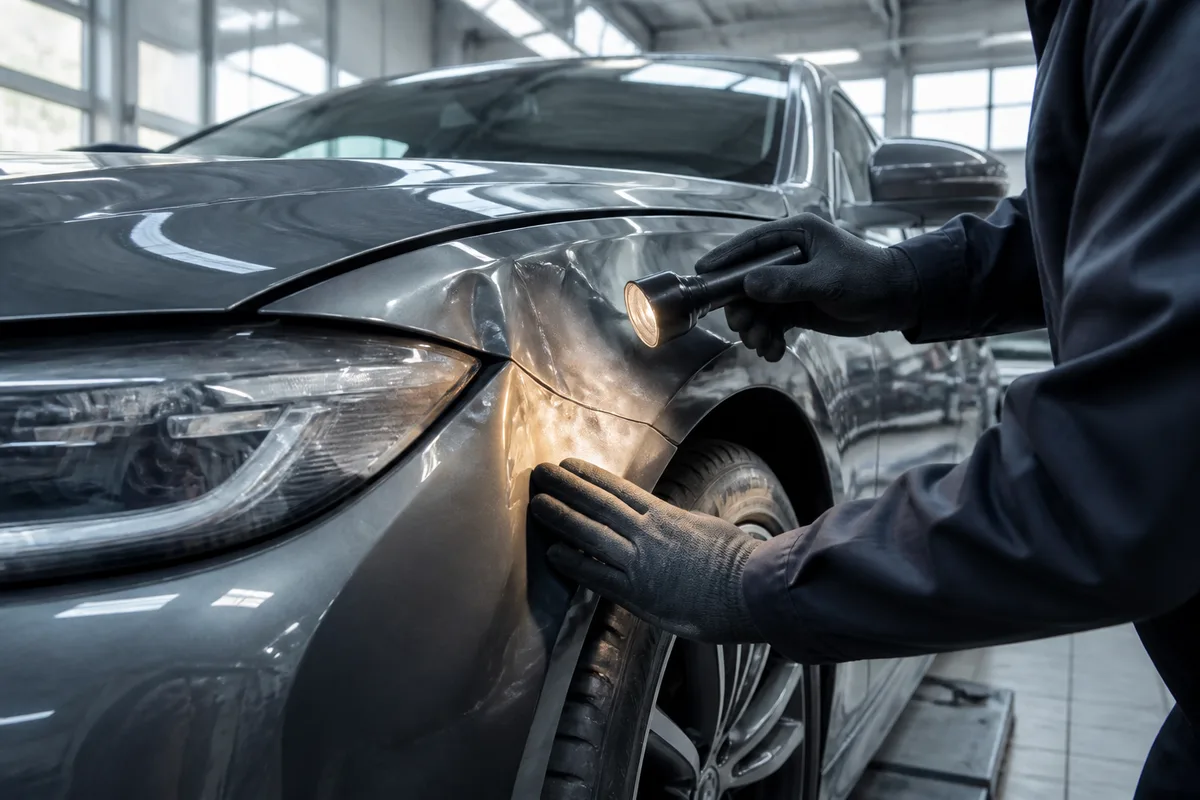Expert automobile examinant l’avant d’une voiture endommagée dans un atelier lumineux