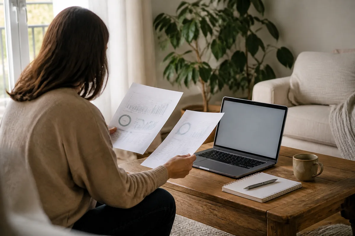 Personne comparant deux documents d’assurance sur un ordinateur portable dans un salon