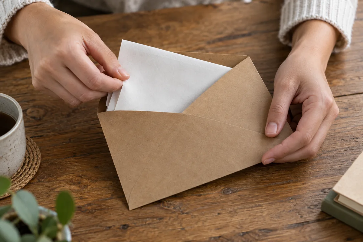 Mains glissant une feuille pliée dans une enveloppe kraft posée sur une table en bois
