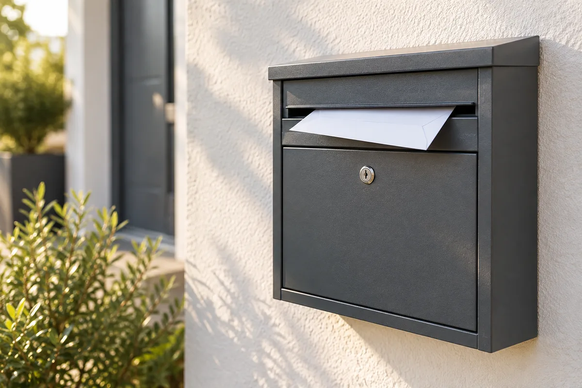 Boîte aux lettres murale d&rsquo;une maison avec une enveloppe blanche qui dépasse de la fente