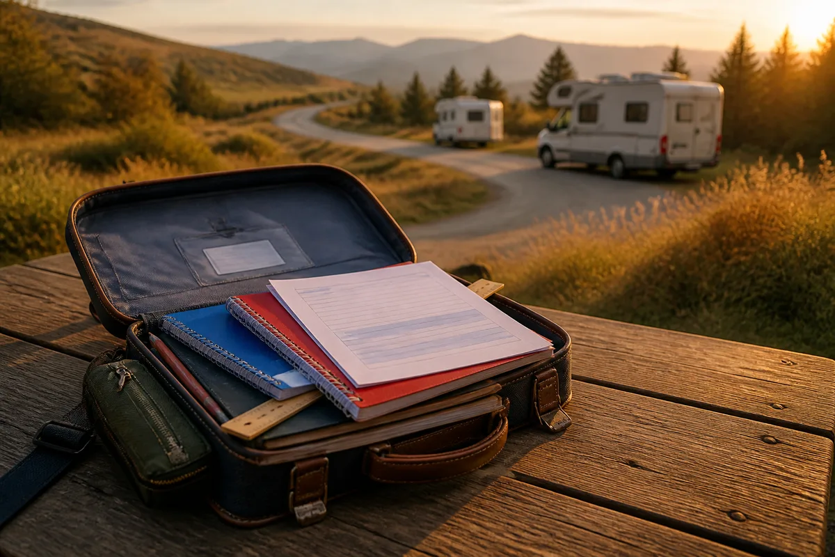 Cartable ouvert sur une table avec cahiers et attestation d&rsquo;assurance