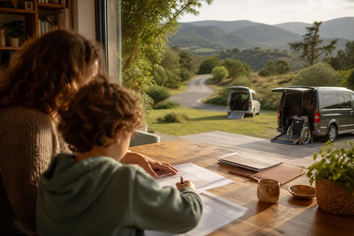 Parent et enfant remplissant ensemble un formulaire sur la table du salon