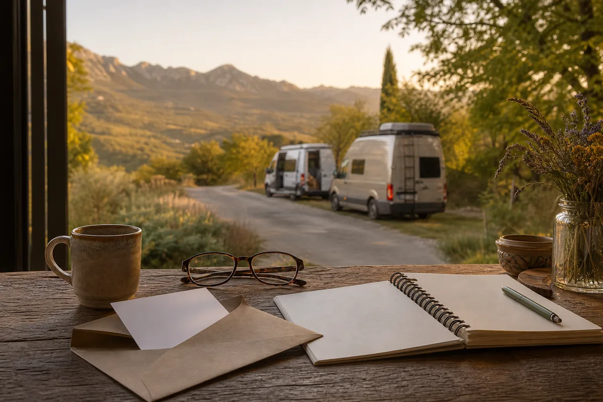 Table de cuisine avec courrier ouvert, lunettes et carnet de comptes