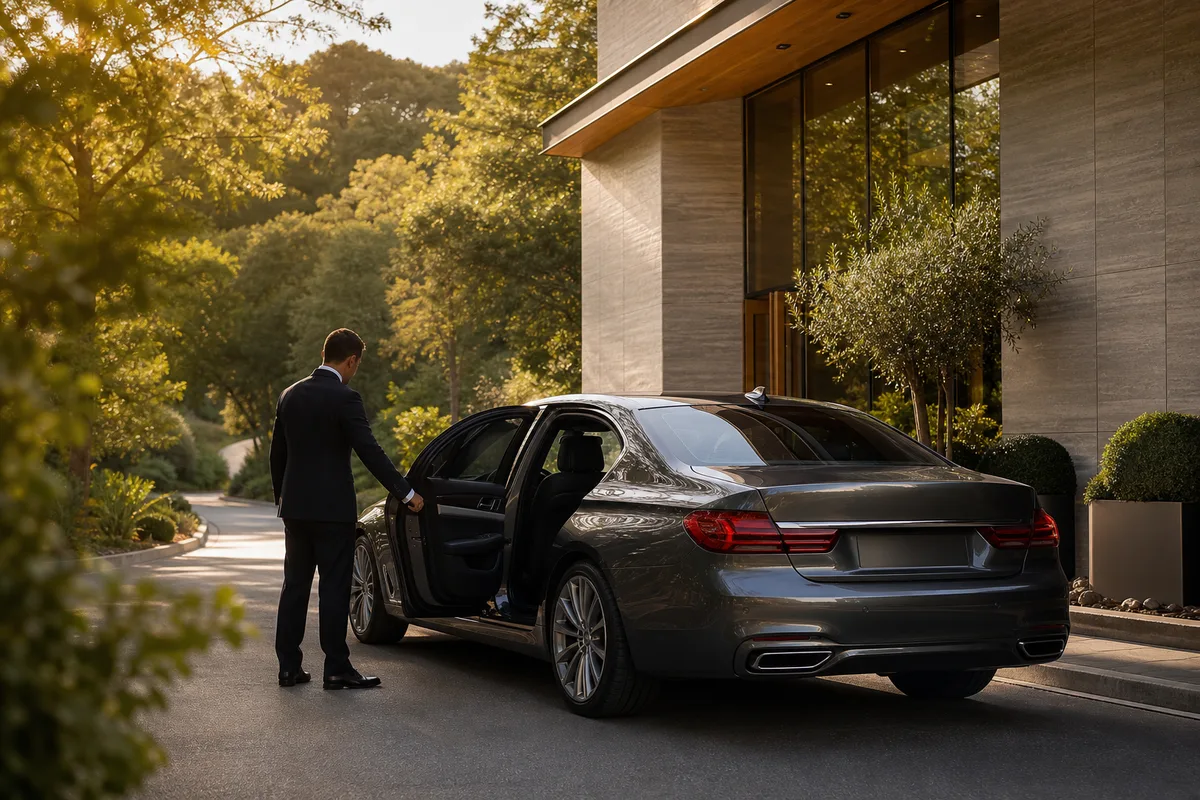 Chauffeur en tenue professionnelle ouvrant la portière arrière d&rsquo;une berline devant un hall d&rsquo;immeuble
