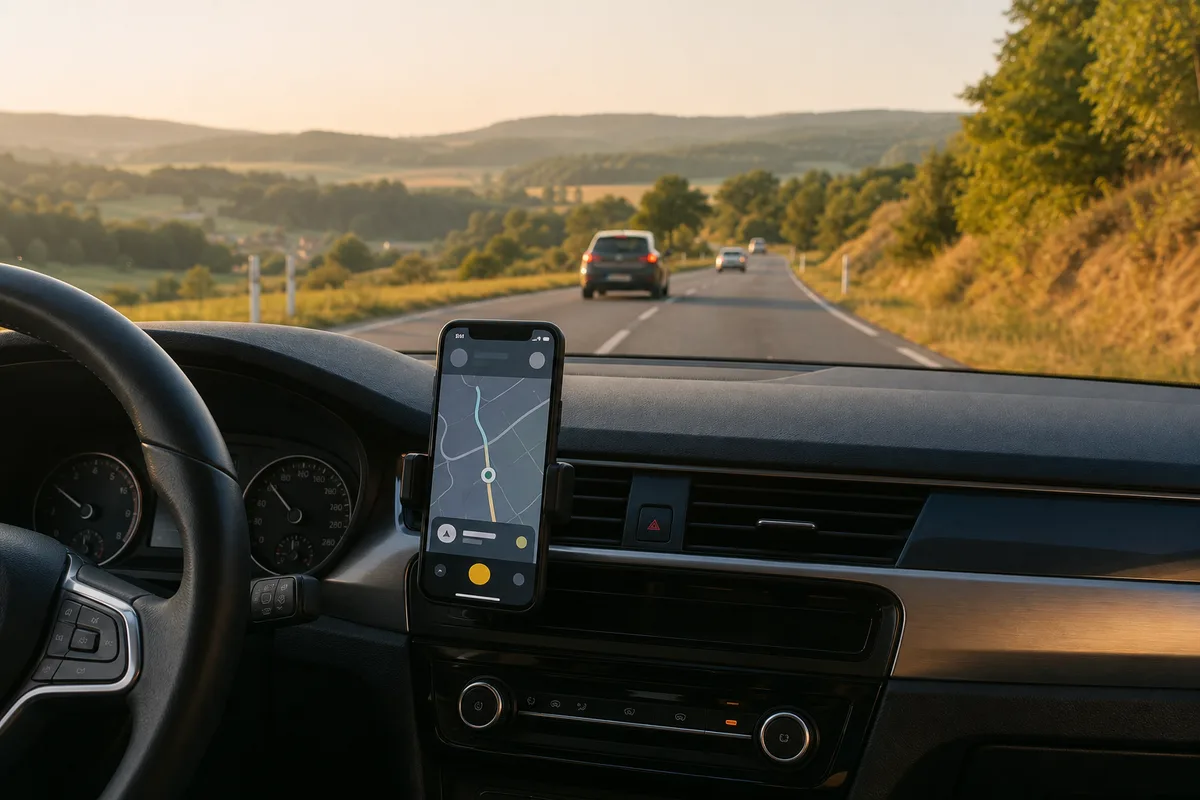 Tableau de bord d&rsquo;une berline avec application de course affichée sur un support de téléphone